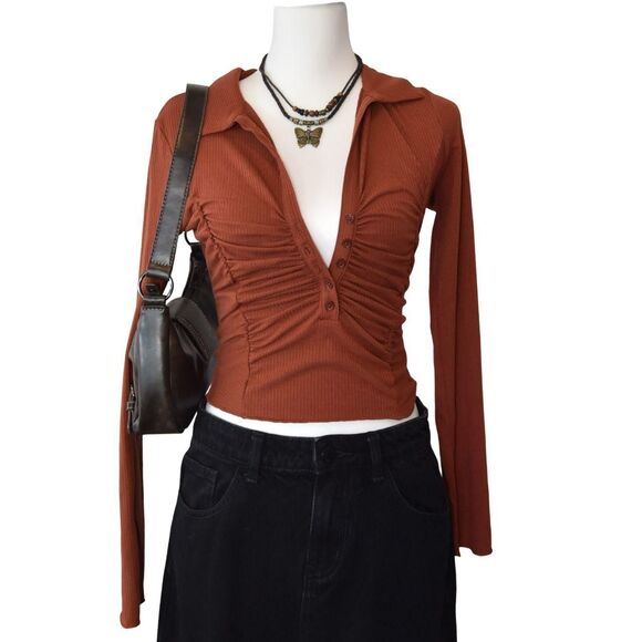 Urban Outfitters Coquette Soft Sultry Ruched Top Rust Brown Sz M Y2K - Picture 1 of 7